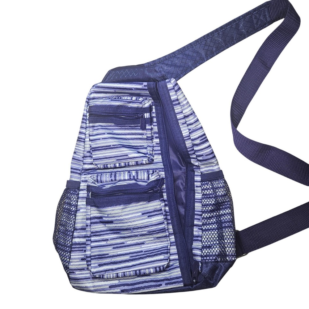 Thirty-One Sling Backpack Bag Purple Stripe Crossbody Zip Pockets Travel